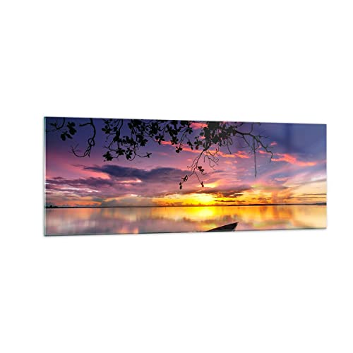 Quadro Su Vetro Barca Tramonto Lago Cielo Stampe Da Parete In Vetro 140X50Cm Quadri Moderni Soggiorno Camera Da Letto Cucina 1 Pezzo Grandi Xxl Decora
