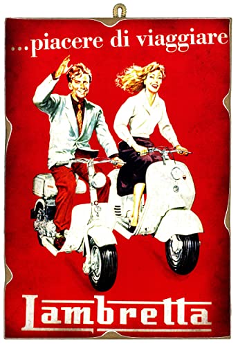 Kustom Art Quadro Quadretto Stile Vintage Serie Pubblicità D'Epoca (Lambretta) Stampa Su Legno 25X18 Cm.