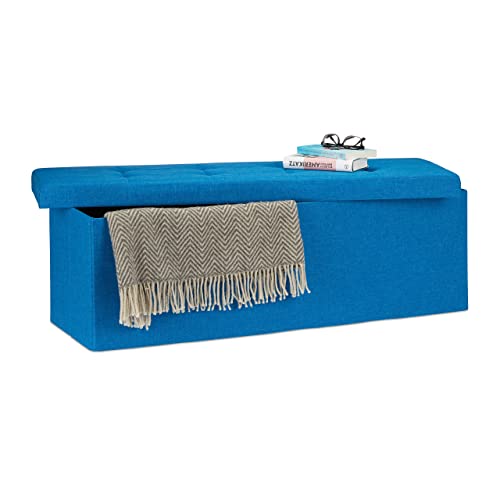 Relaxdays Pouf Pieghevole Con Contenitore Xxl, Panca Divanetto Portaoggetti, Lino, Hxlxp 38 X 114 X 38 Cm, Blu, Tessuto