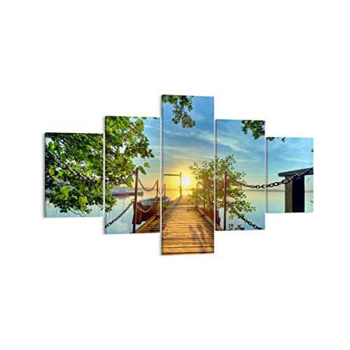 Quadro Su Tela Lago Tramonto Barca Paesaggio Stampe Da Parete 125X70Cm Quadri Moderni Soggiorno Camera Da Letto Cucina 5 Pezzi Piccoli Decorazione Mur