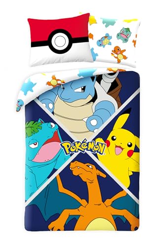 Halantex Pokemon Evolution, Set Da Letto Per Bambini, Copripiumino Reversibile 140 X 200 Cm + Federa Per Cuscino, Pikachu, Tortank (Carapuce), Dracauf