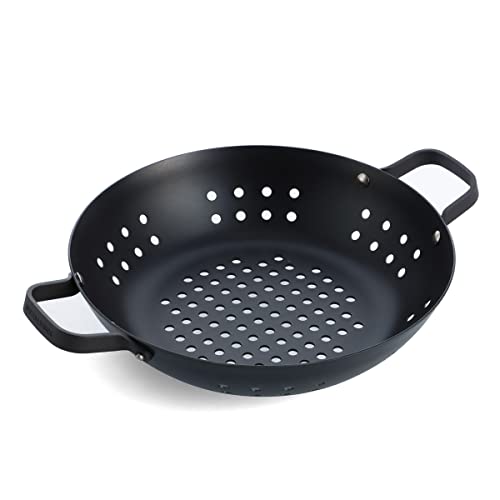 Merten & Storck Carbon Steel Barbecue Wok In Acciaio Al Carbonio Pre-Stagionato, 30 Cm, Grill, Cucina All'Aperto, Barbecue, Nero