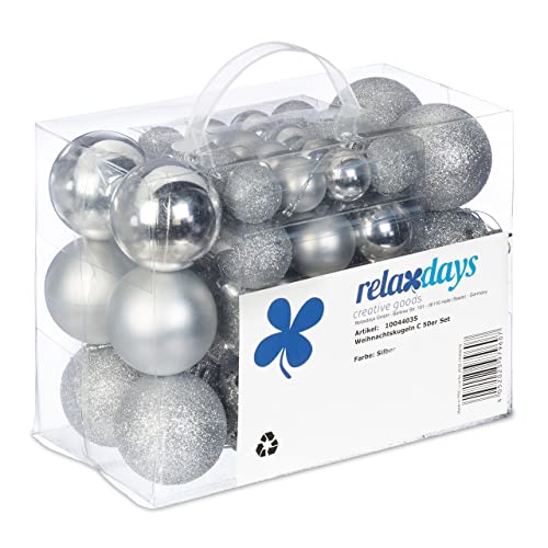 Relaxdays Palline Di Natale, Set Da 50, Addobbi Natalizi, Opache, Lucide, Glitterate, ∅ 3,4 E 6 Cm, Decorazioni, Argento