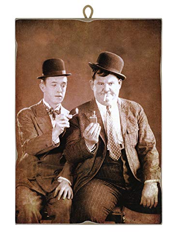 Kustom Art Quadro Quadretto Stile Vintage Stanlio & Ollio (Stan Laurel Oliver Hardy) Da Collezione Stampa Laser Su Legno Alta Qualità Made In Italy -