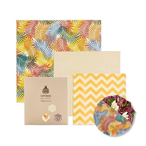 Superbee Involucri Di Cera D'Api Riutilizzabile E Lavabili Per Alimenti, Set Di 3 Beeswax Wrap, Carta Cera Dapi Per Avvolgere Cibo, Come Verdure, Form