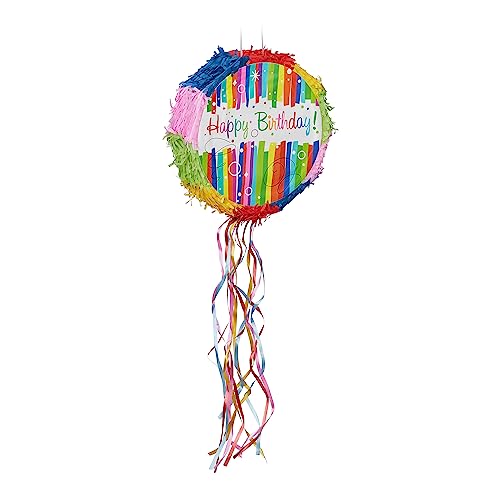 Relaxdays Pignatta Con Scritta 'Happy Birthday, Piñata Da Appendere, Compleanni, Da Riempire, Dxp: 32X9 Cm, Multicolore, Cartone, Carta