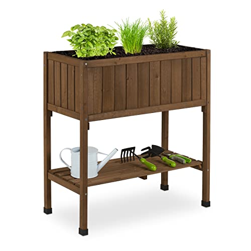 Relaxdays Fioriera Rialzata In Legno Di Abete, H X L X P: 80 X 74 X 38 Cm, Aiuola Alta Per Giardino, Balcone, Marrone, 90% 10% Plastica