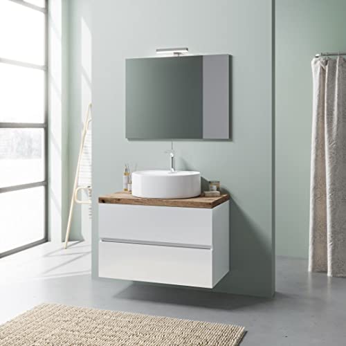 Kiamami Valentina Mobile Bagno Sospeso 80Cm Bianco Lucido, Top Rovere Naturale, Lavabo, Specchio 80X60