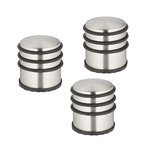 Relaxdays Fermaporta In Acciaio Inox, Set Da 3, H X D: 7,5 X 7 Cm, Blocca Porte Pesante E Antiscivolo, Argento Nero, Ferro, Gomma