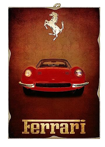 Kustom Art Quadro Quadretto Stile Vintage Serie Pubblicità D'Epoca (Ferrari) Stampa Su Legno 25X18 Cm.