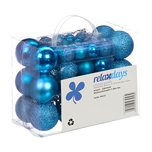 Relaxdays Palline Di Natale, In Set Da 50, Addobbi Natalizi, Opache, Lucide, Glitterate, ∅ 3,4 E 6 Cm, Blu Petrolio