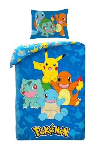 Halantex Set Copripiumino Pokemon Con Pikachu, Salameca, Carapuce E Bulbizarro, Copripiumino 140 X 200 Cm + Federa, Blu, Pok579
