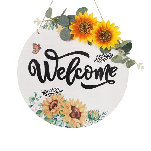 Benvenuto Decorazione In Legno Decorazione Murale Soggiorno Porta D'Ingresso Decorazione Girasole Decorazione Ghirlanda (Bianco)