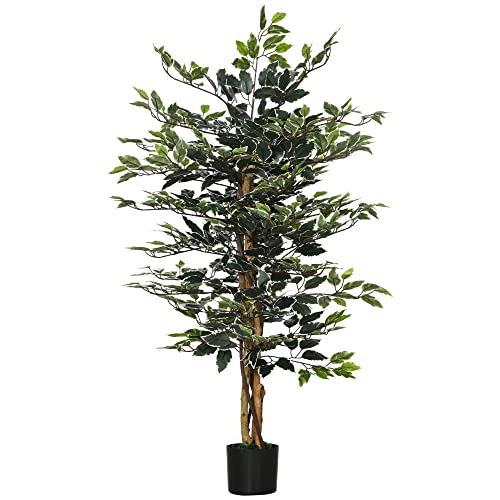 Homcom Pianta Artificiale Di Fico Da 130 Cm A 702 Foglie E 3 Tronchi Con Vaso Ø15X12.5 Cm, Per Interni Ed Esterni, Verde E Bianco