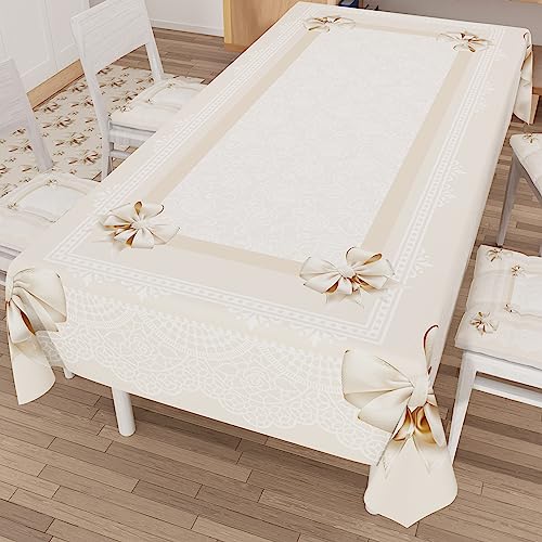 Petti Artigiani Italiani - Tovaglia Antimacchia Rettangolare Copritavolo Cucina Disegno Fiocco Beige X6 Posti (140X180 Cm) 100% Made In Italy