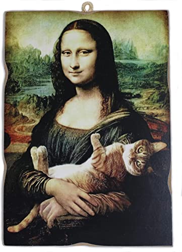 Kustom Art Quadro Stile Vintage La Gioconda Monna Lisa L. Da Vinci Con Gatto. Stampa Su Legno 10X15 Cm