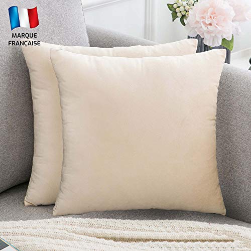 Douceur De Plumes Set Di 2 Federe Cuscini Decorativi Tinta Unita In Velluto Beige 40X40, Federa Quadrata Crema Moderna E Morbida, Decorazione Soggiorn