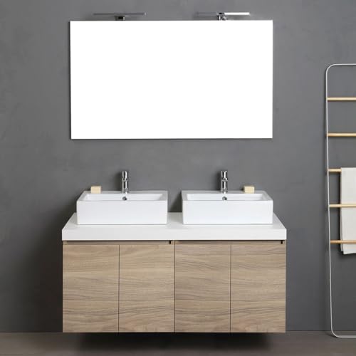 Mobile Bagno Sospeso 4 Ante Rovere Naturale, Top Bianco, 2 Lavabi D'Arredo E Specchio Con Lampada | Valentina