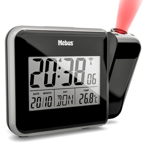 Mebus Digitaler Funkwecker Mit Projektion Der Uhrzeit An Decke Wand, Inkl. Netzstecker, Batteriebetrieb Möglich, Dauerprojektion, Schwenkbar, Thermome