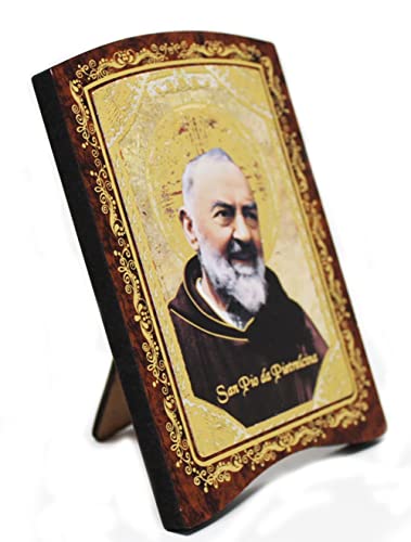 Kustom Art Cucuba Quadretto Padre Pio Con Schienalino Tipo Portafoto Stampa Laser Su Legno Con Inserti Ornamento Oro A Caldo 8.5X7 Cm