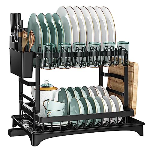 Tavada Scolapiatti Da Appoggio,Scolapiatti Da Lavello In Acciaio Inox,2 Livelli Scolapiatti Nero Con Portautensili E Portabicchieri Per Piatto,Tazza,T