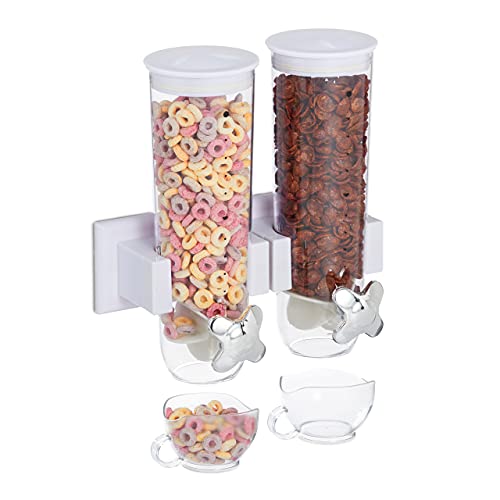 Relaxdays Dispenser Cereali Doppio, Montaggio A Parete, Distributore Per Corn Flakes E Dolcetti, In Plastica, Bianco, 1 Pz