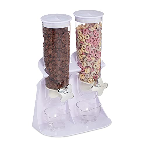 Relaxdays Dispenser Cereali Doppio, Distributore Per Corn Flakes, Cioccolatini, Nocciole E Dolcetti, In Plastica, Bianco, 1 Pz