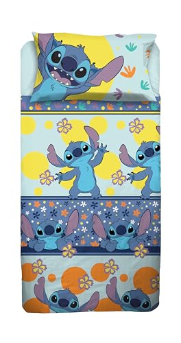 Stitch, Set Lenzuolo Letto Singolo, Completo Letto Singolo Disney, Lenzuolo Sopra, Lenzuolo Con Angoli, Federa, Azzurro, Disney, 100% Cotone, Prodotto