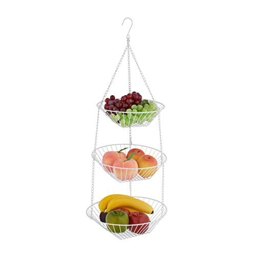 Relaxdays Portafrutta Da Appendere, 3 Cesti Per Frutta E Verdura, Hxd 73X28 Cm, Cestini Design Aperto In Acciaio, Bianco