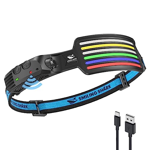 Smiling Shark Torcia Frontale Led, 6*Strisce Luce Luminose Bianche Rosso Blu Verde Brillante Lampada Frontal Ricaricabile Faro Impermeabile Campeggio