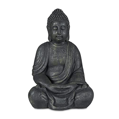Relaxdays Statua Del Buddha Seduto, Figura Da Giardino Alta 70 Cm, Resistente Alle Intemperie E Gelo, Poliresina, Grigio, 100%