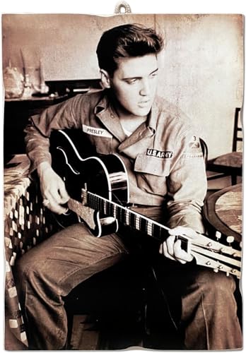 Kustom Art Cucuba Quadro Quadretto Stile Vintage Serie Attori Famosi Elvis Presley Suona Chitarra Stampa Su Legno 40X30 Cm.