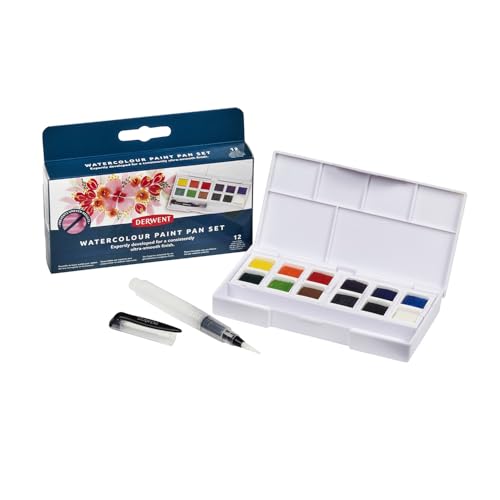 Derwent Watercolour Set Di 12 Aquerelli Solubili In Acqua, 1 Pennello Ad Acqua Ed 1 Tavolozza, Adatti A Dipingere Paesaggi E Ritratti, Formato Da Viag