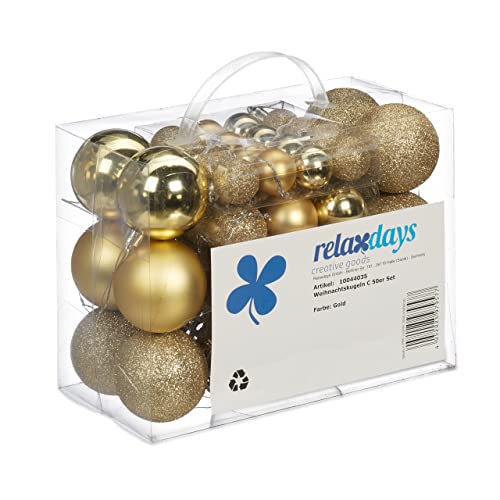 Relaxdays Palline Di Natale, In Set Da 50, Addobbi Natalizi, Opache, Lucide, Glitterate, ∅ 3,4 E 6 Cm, Decorazioni, Oro