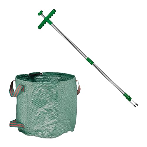 Relaxdays Estirpatore Erbacce Manuale E Sacco Raccogli Foglie Da Giardino, Set Giardinaggio, Sarchiatore 99 Cm, Verde, Alluminio, Plastica