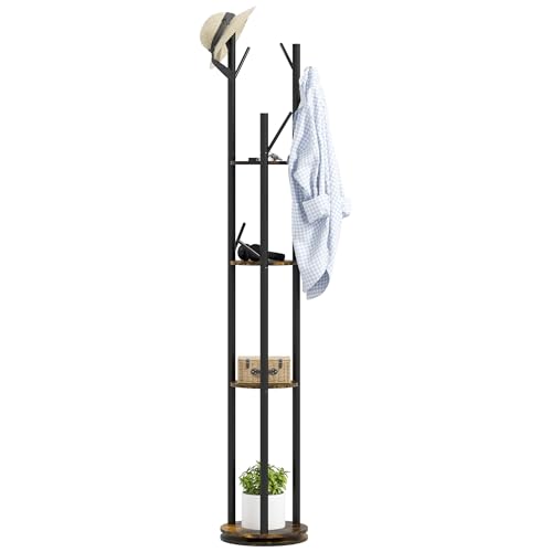 Homcom Appendiabiti Da Terra Girevole Con 8 Ganci E 4 Mensole, Attaccapanni Stile Industriale Per Ingresso E Camera, Ø30X175Cm, Marrone