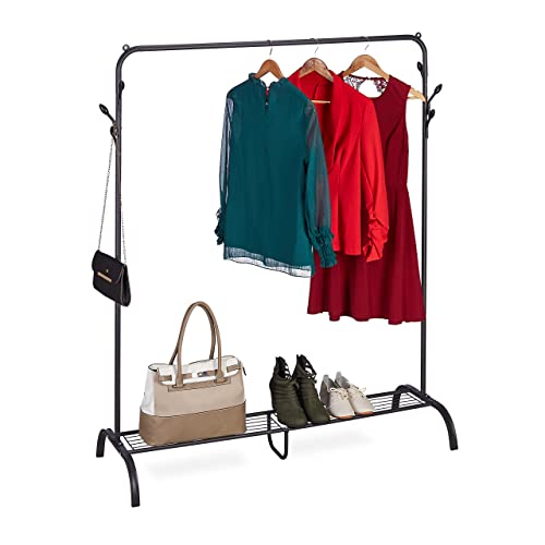 Relaxdays Stand Appendiabiti Salvaspazio, Portascarpe E 6 Ganci, Camera Da Letto E Corridoio, 145X132X44 Cm, Nero, Acciaio