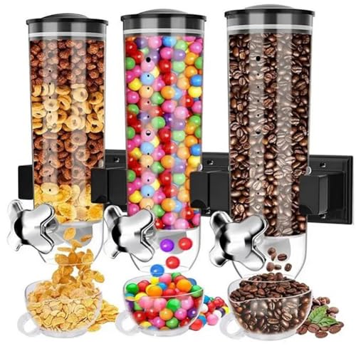 Bakaji Dispenser Cereali Triplo A Parete, Distributore A Tre Montaggio A Muro, Erogatore Per Alimenti Secchi, Caramelle, Corn Flakes, Noci, Coperchio
