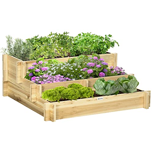 Outsunny Letto Per Orto Rialzato A 3 Livelli In Legno Di Abete, Fioriera Da Giardino Color Legno Per Verdure, Fiori E Piante, 93X93X35 Cm