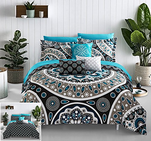 Chic Home 10 Piece Mornington Grande Scala Contempo Bohemien Reversibile Stampato Con Dettagli Cuciti. King Letto In Un Sacchetto Consolatore Set Nero