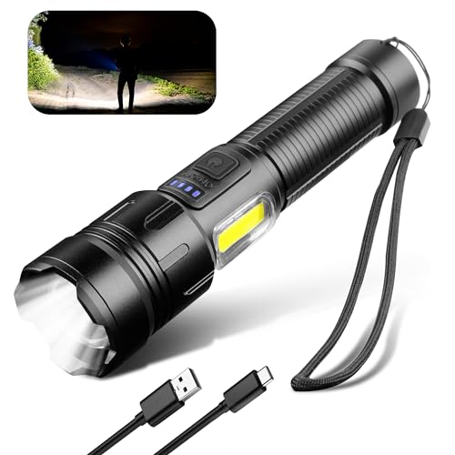 Aiqinu Torcia Led Ricaricabile 10000 Lumen, Torcia Led Potente Professionale, Torce Tattiche Ricaricabili Usb-C, 4 Modalità Di Luce, Zoomabile, Imperm