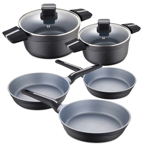 San Ignacio Bistro Grey - Game Batteria Da Cucina Da 7 In Fioce - Padelle Da 20 E 24 Cm Con Coperchio - 3 Tarteni Di Dimensioni Antiaderenti Mango Mor