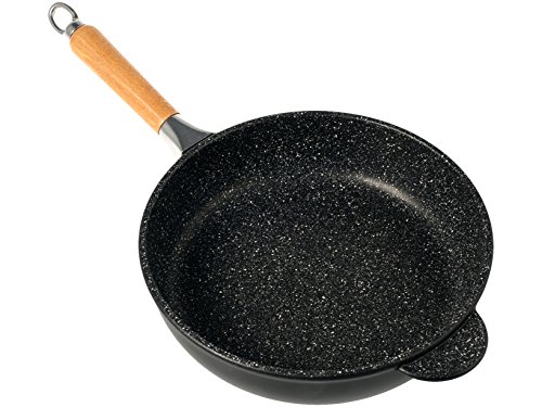 H&H Padella Alta Antiaderente Pietra Manico In Legno Cm32 Pentole Cucina, Nero, 32 Cm