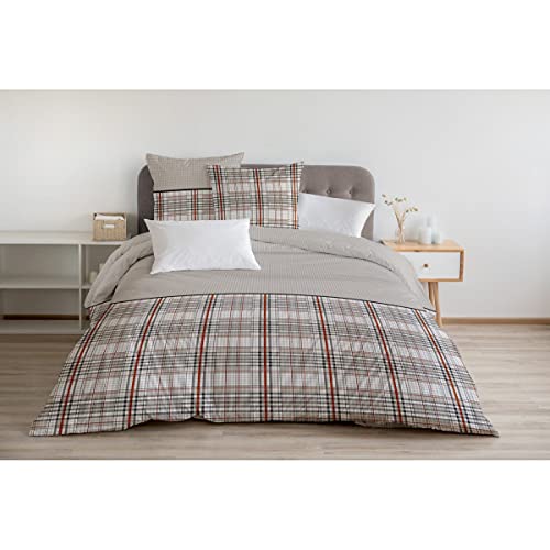 Home Linge Passion | Copripiumino - 3 Pezzi | 100% Cotone - 57 Fili | 2 Persone - 220X240 Cm |Greenwich Verde, Beige & Rosso