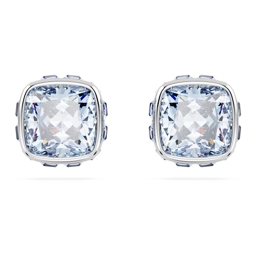 Swarovski Orecchini A Lobo Birthstone, Taglio Squadrato, Marzo, Blu, Placcato Rodio