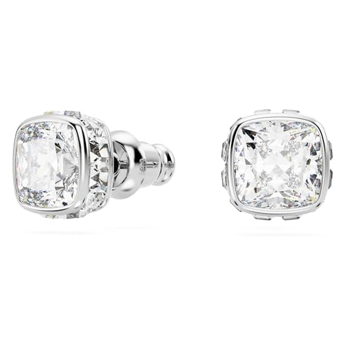 Swarovski Orecchini A Lobo Birthstone, Taglio Squadrato, Aprile, Bianchi, Placcato Rodio