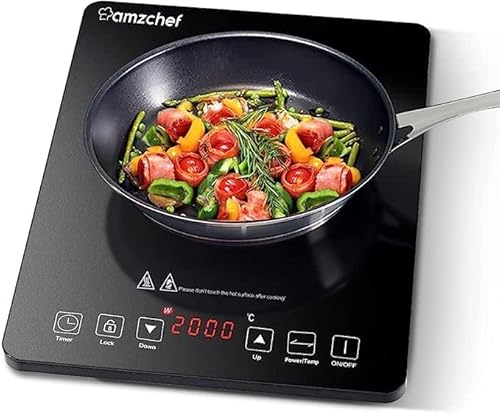 Piastra A Induzione Singolo Amzchef, Da 2000 W Con Design Sottile, 10 Livelli Di Potenza, Temperatura, Controllo Sensore Tattile, Timer, Nero
