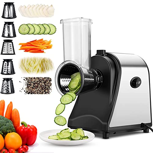 Meykey Tritacarne Elettrico 250W, Grattugia Elettrica Multifunzione Affettaverdure Con 5 Tamburi Di Taglio, Acciaio Inox