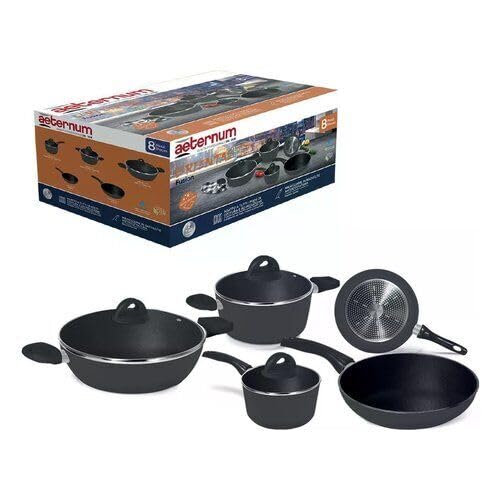Aeternum Oriental Fusion Set Batteria Di Padelle E Pentole 8 Pezzi, Adatto All'Induzione, Alluminio, Black