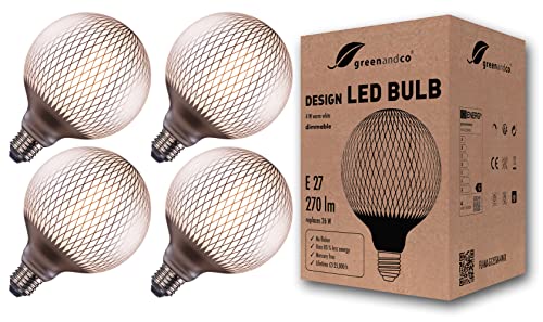 Greenandco 4X Lampadina Led Dimmerabile Stile Vintage Argento Con Motivo A Rombi E27 G125 4W 270Lm Cri90+ 2700K (Bianco Caldo) 360° 230V, Senza Sfarfa